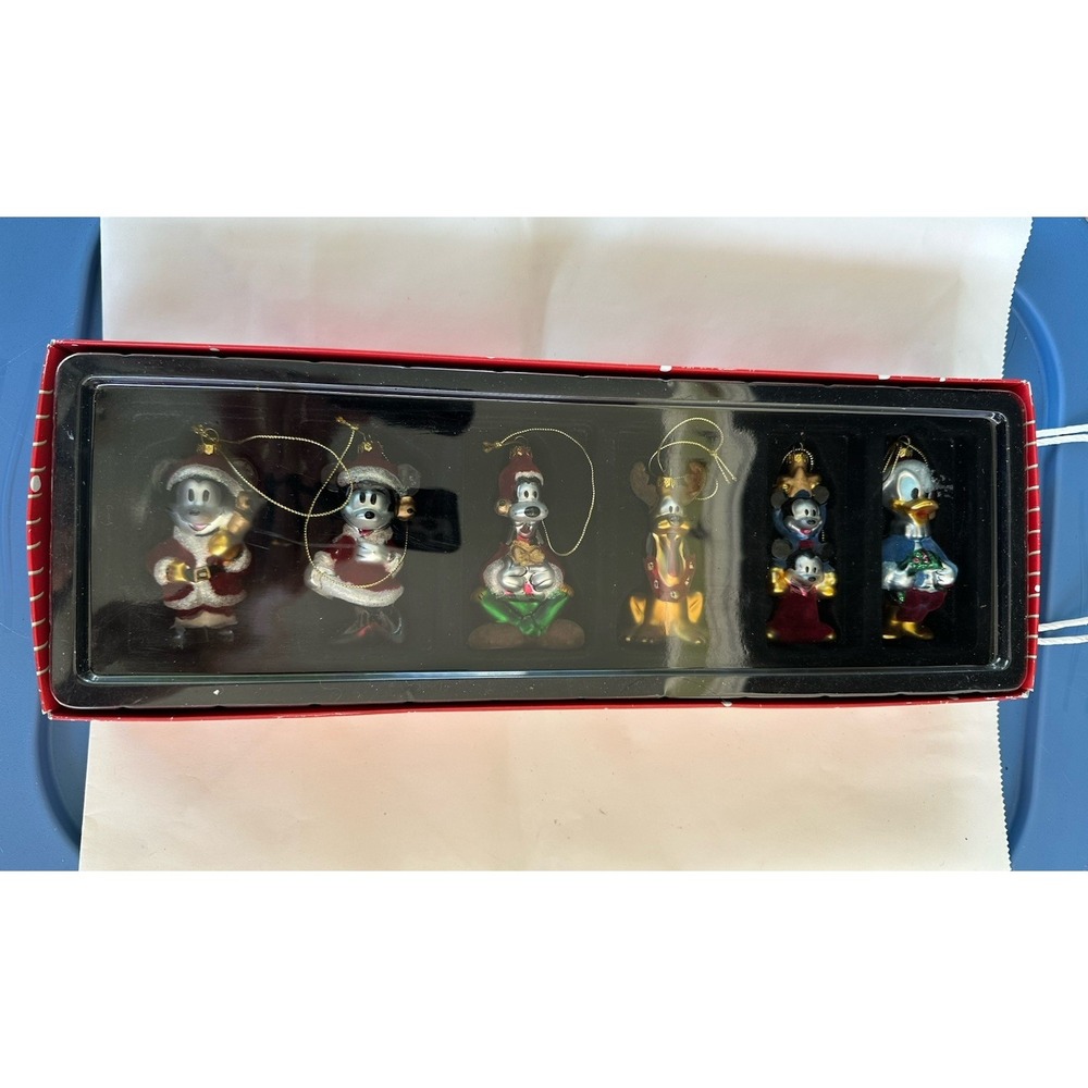 DISNEY STORE Set of 6 Mickey Minnie Donald Pluto Nephews Blown‎ GLASS ORNAMENTS